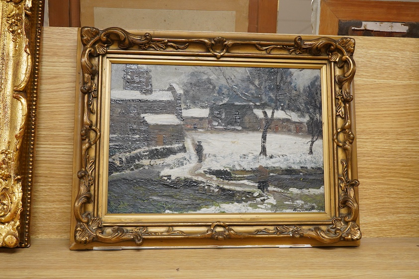 20th century, 'Packhorse bridge and Alms houses of Linton, near Grasington', oil on board, indistinctly signed lower right, 23 x 33cm